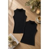 Rozelt Kadın Siyah Modal Pamuklu Likralı Kolsuz Yarım Balıkçı Yaka 2'li Atlet T-Shirt - XL
