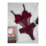ROZENİN LINGERIE Bordo Destekli Dantelli Tül Detaylı Çıtçıtlı Body