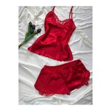 ROZENİN LINGERIE Büyük Beden Dantel Detaylı Saten Askılı Şort Pijama Takımı