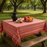 Rozet Tekstil Çok Amaçlı Sofra Bezi&Piknik Örtüsü&Masa Örtüsü Pötikare Desenli Saçağı Bağlamalı Masa Örtüsü - Kırmızı - 170 x 170 cm