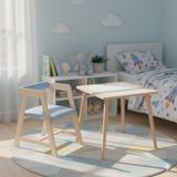 Rozitoys Montessori Ahşap Aktivite Masası Seti - Saklama Kutulu, Kapaklı Çalışma Alanı, 60x43x47 cm, Masif Ayaklı Sandalye (Mavi Minder)