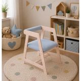 Rozitoys Montessori Ahşap Aktivite Sandalyesi – Minderli, Ergonomik, Masif Gövde, Oval Kenar, 48×45×26 cm (Mavi minder)