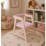 Rozitoys Montessori Ahşap Aktivite Sandalyesi – Minderli, Ergonomik, Masif Gövde, Oval Kenar, 48×45×26 cm (Pembe Minder)