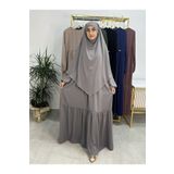 R&S modibone Ferace & Abaya SUFLE EŞARP ve İKİ KAT BÜZGÜLÜ ELBİSE TAKIM.HİJAB .hac Ve Umre Için Uygundur gri