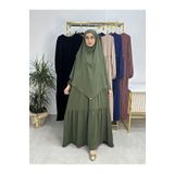 R&S modibone Ferace & Abaya SUFLE EŞARP ve İKİ KAT BÜZGÜLÜ ELBİSE TAKIM.HİJAB .hac Ve Umre Için Uygundur haki
