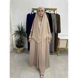 R&S Modibone Ferace & Abaya Sufle Esarp ve Üsten Robalı Kemerli Elbise Takım .hac ve Umre Için Uygundur Bej - Standart