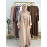 R&S Modibone Şallı ,tesettür Yandan Büzgülü Elbise Takım Jilbab,abaya,hijab ( Hac ve Umre Için Bej Renk
