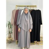 R&S Modibone Yandan Büzgülü Elbise Sufle Esarp Takım Jilbab,abaya,hijab ( Hac ve Umre Için Uygundur) Gri