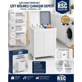 RSC Marketim 2 Bölmeli Tekerlekli 50 + 50 Litre Kapaklı Çamaşır Sepeti, Kirli Sepeti - Beyaz