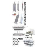 RSC Marketim Katlanır Kova /kendinden Sıkmalı Mop - 1 Adet Yedek Mikrofiber Mop Bezi Hediyeli / Mop Tutacağı - Gri - Beyaz