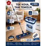 RSC Marketim Temiz Kirli Su Ayıran Mop Seti - Çift Bölmeli Kovalı, Mandallı Geniş Tablet Mop (130 cm Sap) - Beyaz