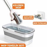 RSC Marketim Temizlik Seti / Kelebek Mop / Katlanır Kova / Mop Tutacağı / Kelebek Mop Başlığı Yedek Hediye - Krem - Gri