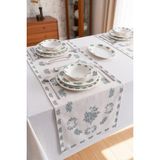 Rubi Porselen Vintage Green Desenli Modern Masa Örtüsü Runner - Keten Masa Runner 40X140 cm - 40 x 140 - Haki