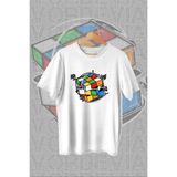 Rubik Küp Baskılı Beyaz Oversize T-Shirt - M