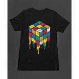 Rubik Zeka Küpü Renkli Kombinasyon Akışkan Baskılı Unisex Tişört T-Shirt - Siyah - XL