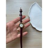 Rubsey Retro Minimal Deri Kordon Vintage Kadın Kol Saati Bordo Kordon - Altın