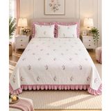 Ruffle Pinkrose Nakışlı Şönil 3 Parça Çift Kişilik Yatak Örtüsü Pudra