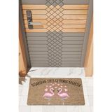 Rug Mood Modern Dijtal Baskı Çift Flamingo Kapı Önü Paspası - Kahve - Pembe - Beyaz - 45 x 70 cm