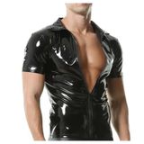 Rugan Deri Erkek Dış Giyim Gömlek, Kısa Kollu, Fermuarlı, Siyah, Slim Fit (Parlak Siyah, 5XL)
