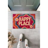 Rugmood HAPPY PLACE Renkli Retro Tasarım Dekoratif Kapı Önü Paspası 70x45 cm