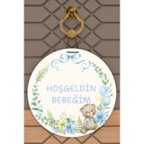 Rugmood Modern Dijital Baskı Beyaz Mavi Ayıcık Hoşgeldin Bebeğim Kapı Süsü