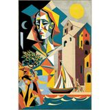 rugs modern Çok Renkli Yelkenli Güneş Ve İnsan Figürü Desenli Modern Dekoratif Halı 3481, 100 x 100