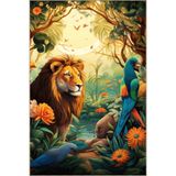 rugs modern Goblen Tasarım Orman Temalı Aslan ve Papağan Desenli Vintage Dekoratif Halı 3632, 140 x 200