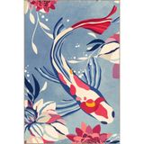 rugs modern Mavi Kırmızı Temalı Çiçek ve Koi Balığı Desenli Modern Dekoratif Halı 5061, 140 x 200