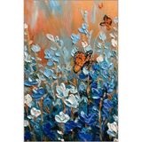 rugs modern Pastel Mavi Turuncu Temalı Çimen Çiçek ve Kelebek Desenli Modern Dekoratif Halı 5087, 75 x 240