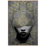 rugs modern Sarı Gri Temalı Motifli Sürrealist Kadın Portre Desenli Soyut Modern Dekoratif Halı 2495, 80 x 200