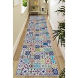 Rugviva Kaymaz Taban Makinede Yıkanabilir Renkli Çini Kesme Rulo Yolluk Ar499, Turkuaz, 120 X 550