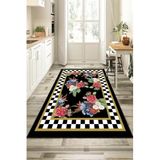 Rugviva Kaymaz Tabanlı Çiçekli Modern Mutfak Halısı Ar376, Siyah, 100 X 160