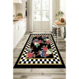 Rugviva Kaymaz Tabanlı Çiçekli Modern Mutfak Halısı Ar376, Siyah, 100 X 200