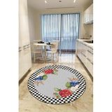 Rugviva Kaymaz Tabanlı Makinede Yıkanabilir Çiçekli Yuvarlak Mutfak Halısı 120 X 120 Cm, Siyah, 120 X 120