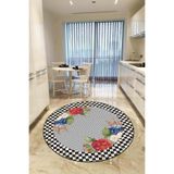 Rugviva Kaymaz Tabanlı Makinede Yıkanabilir Çiçekli Yuvarlak Mutfak Halısı 120 X 120 Cm, Siyah, 180 X 180