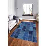 Rugviva Kaymaz Tabanlı Makinede Yıkanabilir Halı Rv228 Patchwork, Mavi, 160 X 230