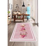 Rugviva Pembe Desenli Kaymaz Tabanlı Mutfak Halısı, Pembe, 80 X 200
