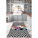 Rugviva Siyah Kaymaz Tabanlı Mutfak Halısı Zigzag Flowers Ar339, Siyah, 100 X 200