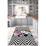Rugviva Siyah Kaymaz Tabanlı Mutfak Halısı Zigzag Flowers Ar339, Siyah, 80 X 200