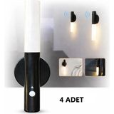 Rultech Siyah Şarjlı Kablosuz Sensörlü LED Aplik Harekete Duyarlı Dekoratif Duvar Lambası 3200K /gün Işık(4 ADET) - 3200K - Gün Işığı