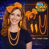 Runaway 80’ler 90’lar Neon Turuncu Parti Seti Kolye Küpe ve Taç