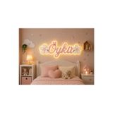 Runc Design Kişiye Özel LED Işıklı İsimlik | Kız Çocuk Odası Duvar Dekoru | Çiçekli Ahşap İsimlik