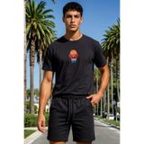RunGear Up Erkek Basketbol Topu ve Pota Nakışlı Siyah Pamuk Tişört Regular Fit / Standart Kesim - Erkek Basketbolcu Basic T-shirt Siyah