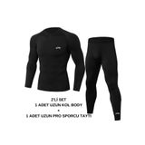 RUTBİL SPORTS 2'Lİ SİYAH BODY + UZUN PRO TAYT-SPOR -FİTNESS-GYM-KOŞU-FUTBOL-ANTRENMAN ALT ÜST 2'Lİ SET SİYAH