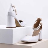 Ruxene Gleam Kapalı Kare Burun 8cm Kalın Topuk Çift Bantlı Stiletto - Topuklu Ayakkabı - Beyaz