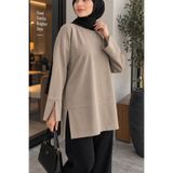 RuyaMood Kadın Bej Modal Kumaş Yırtmaç Detaylı Bisiklet Yaka Oversize Tesettür Tunik