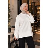 RuyaMood Kadın Beyaz Modal Kumaş Yırtmaç Detaylı Bisiklet Yaka Oversize Tesettür Tunik