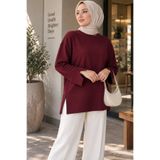 RuyaMood Kadın Bordo Modal Kumaş Yırtmaç Detaylı Bisiklet Yaka Oversize Tesettür Tunik
