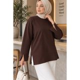 RuyaMood Kadın Kahverengi Modal Kumaş Yırtmaç Detaylı Bisiklet Yaka Oversize Tesettür Tunik
