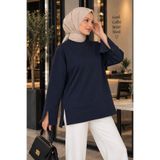 RuyaMood Kadın Lacivert Modal Kumaş Yırtmaç Detaylı Bisiklet Yaka Oversize Tesettür Tunik
